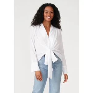 Long Sleeve V Neck High Low Tie Front Blouse