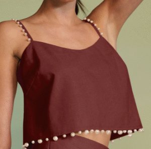 Pearl Trimmed Linen Blend Crop Top