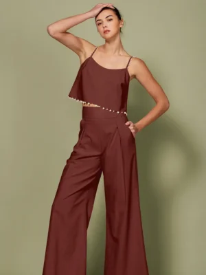 High Waisted Wide Leg Pants with Pearl Trim